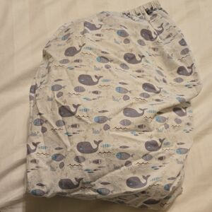 Kids White Crib Sheet with Blue and Gray Whale and Fish Print
